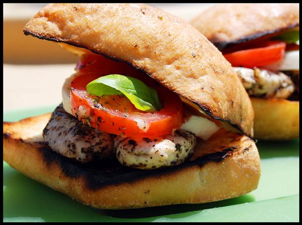 Grilled Chicken Sandwiches With Mozzarella, Tomato and Basil. Photo by Dine & Dish