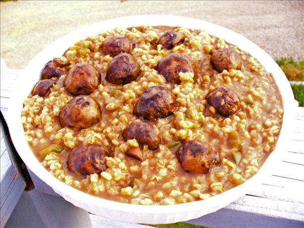 Mushrooms & Green Pepper & Barley Hot Dish With Gravy. Photo by Montana Heart Song