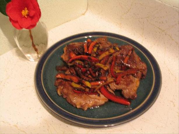 Pan-Grilled Steak with Balsamic Peppers. Photo by Evie*