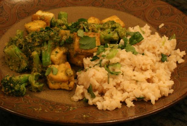 Thai Tofu W/Red Curry Sauce over Coconut Scallion Rice. Photo by Chandra M