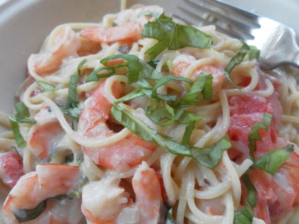 Shrimp and Pasta in a Basil  Cream Sauce. Photo by Pam-I-Am