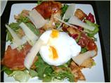 Warm Bread Salad of Crispy Pancetta, Parmesan and Poached Egg