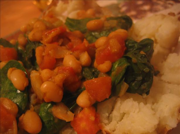 Spiced Butter Bean, Spinach and Tomato Topping for Jacket Potato. Photo by White Rose Child