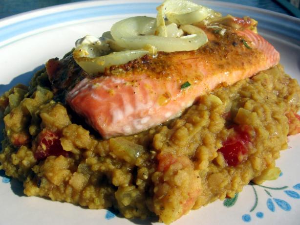 Golden Salmon on a Bed of Lentils. Photo by Dreamer in Ontario