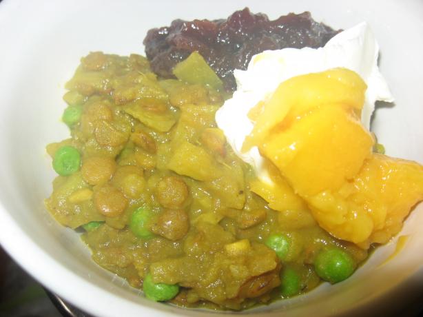 Lentil and Rhubarb Curry With Potatoes and Peas. Photo by averybird