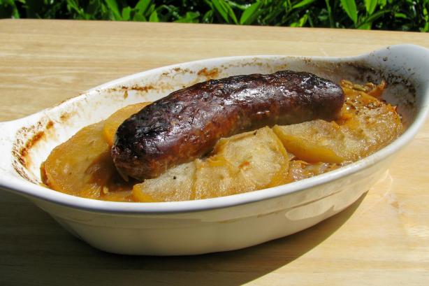 Bratwurst With Apples, Onion, and Sauerkraut. Photo by lazyme