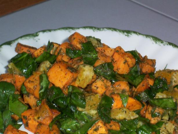 Wilted Spinach Salad With Roasted Kumara (Sweet Potato). Photo by WiGal