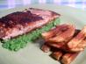 Cajun Blackened Salmon With Pureed Peas and Door Stop Fries. Recipe by The Flying Chef