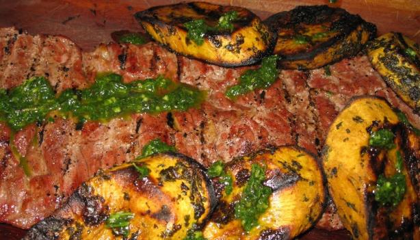 Grilled Skirt Steak and Sweet Potatoes With Herb Sauce. Photo by BarbryT