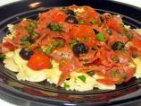 Tagliatelle With Salami, Olives and Oven-Roasted Tomatoes. Photo by Lorac