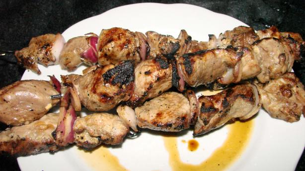 Marinated Pork and Red Onion Kebabs. Photo by Boomette