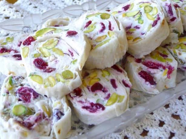 Herbed Chevre, Craisin and Walnut Pinwheels. Photo by BecR