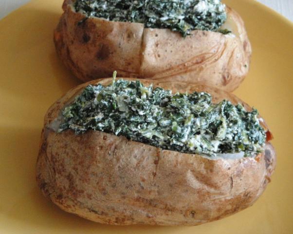 Spinach-Topped Baked Potatoes. Photo by Debbwl