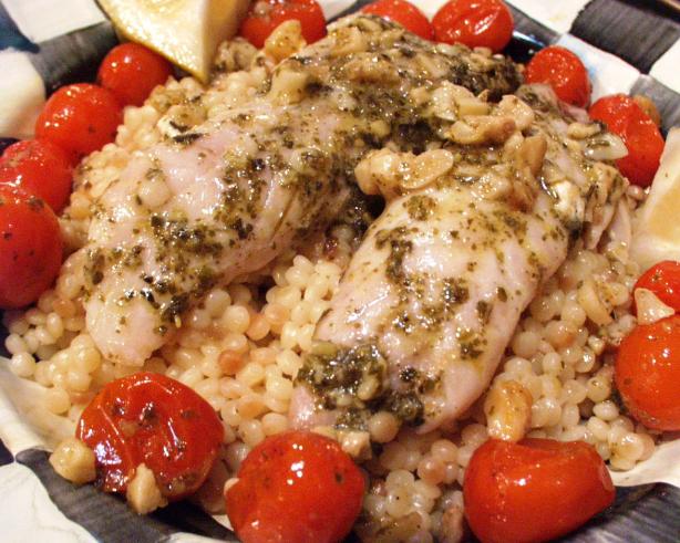 Oven Roasted Tilapia With Tomatoes, Pesto and Lemon. Photo by FLKeysJen