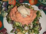 Avocado Tower With Tomato and Almond Sauce (And Some Shrimp)