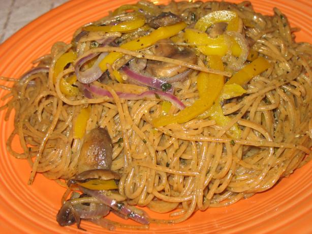 Pesto Pasta With Mushrooms, Onions, and Red Bell Peppers. Photo by Lori Mama