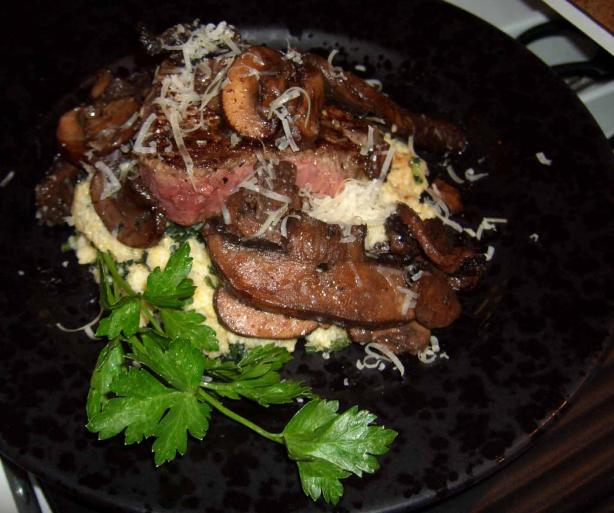 Mushroom Topped Steaks With Creamy Polenta. Photo by mersaydees