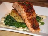 Seared Salmon on Potato Cake, Wilted Spinach W/ Dijon Sauce