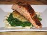Seared Salmon on Potato Cake, Wilted Spinach W/ Dijon Sauce