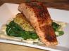Seared Salmon on Potato Cake, Wilted Spinach W/ Dijon Sauce. Recipe by Vicki in CT