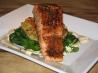Seared Salmon on Potato Cake, Wilted Spinach W/ Dijon Sauce