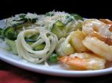 Spaghetti With Peas, Zucchini Ribbons, and Garlic Shrimp
