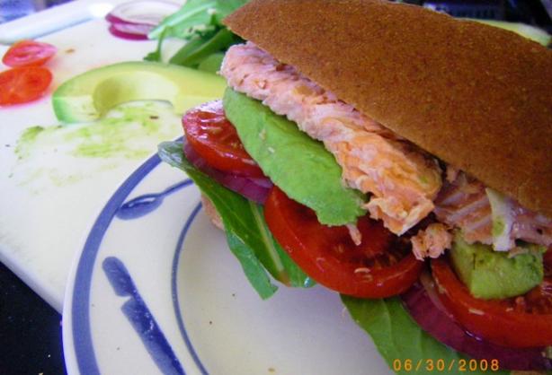 Smoked Salmon Burger (Tomato, Red Onion and Avocado). Photo by Susiecat too