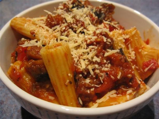 Rigatoni With Tomato, Eggplant, & Red Peppers. Photo by Chickee