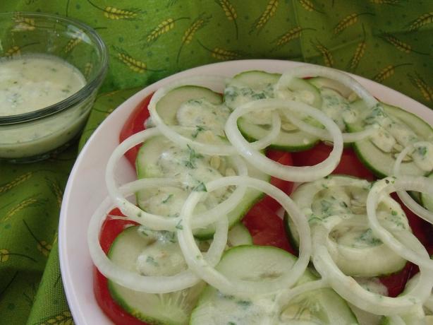 Tomato Cucumber Salad With Lemon Yogurt Dressing. Photo by Darkhunter