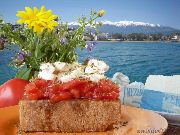 Paximadia "bruschetta" - Cretan Barley Rusk Meze. Photo by awalde