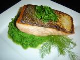 Seared Salmon on Herbed Mashed Peas