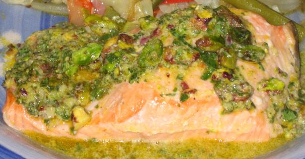 Salmon with Pistachio Basil Butter. Photo by Heydarl