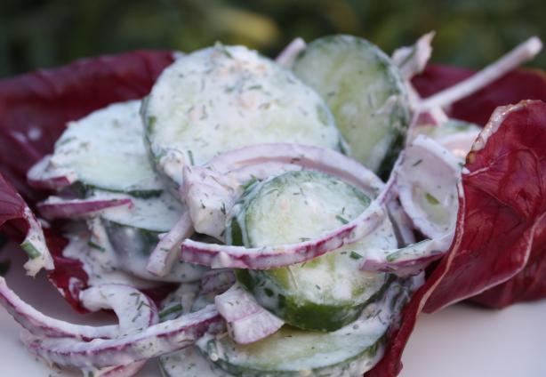 Creamy Cucumber & Sweet Onion Salad W/Dill Horseradish Dress. Photo by Leggy Peggy