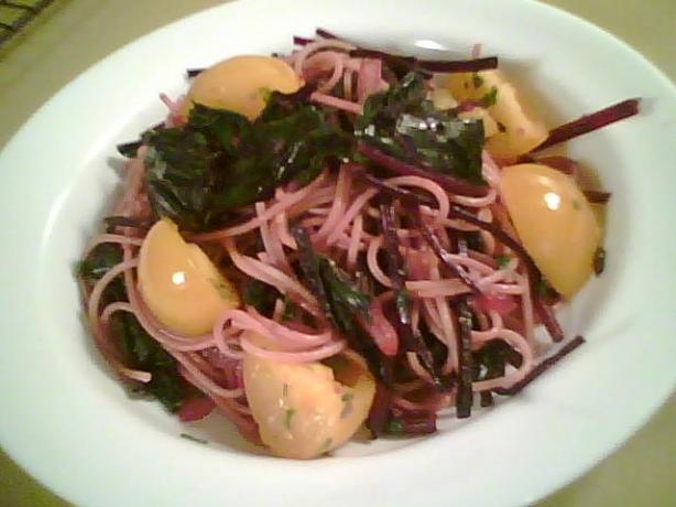 Wheat Pasta With Sauteed Beet Greens and Tomatoes. Photo by Kim_150