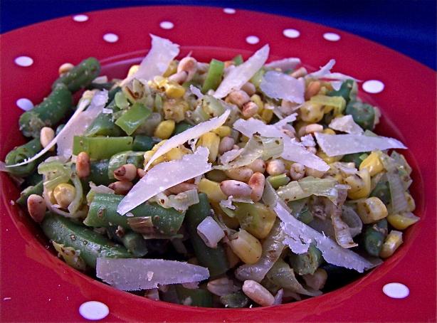 Pesto Tossed Corn, Leeks, and Green Bean Side. Photo by PaulaG