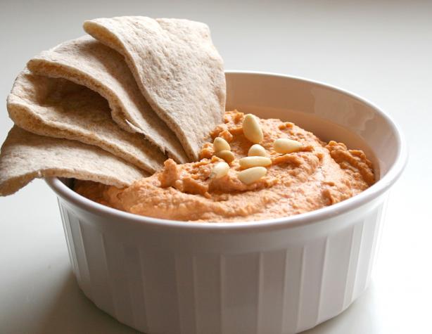 Roasted Red Pepper Hummus With Pine Nuts. Photo by Cookin-jo