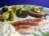 Fish With Broccoli, Baked Potato, and Cheese Sauce (Lite-Bleu). Recipe by 2Bleu