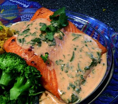 In a Heartbeat Atlantic Salmon With Red Curry Coconut Sauce. Photo by Mikekey