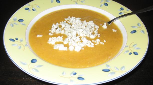Roasted Pear-Butternut Soup With Crumbled Blue Cheese. Photo by Rachel Potachel