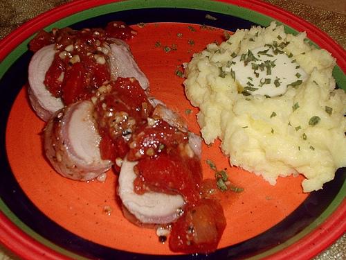 Roasted Pork Tenderloin with Garlic Mushrooms and Tomatoes. Photo by Tesla