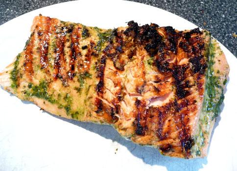 Grilled Salmon With Basil Oil. Photo by Mikekey