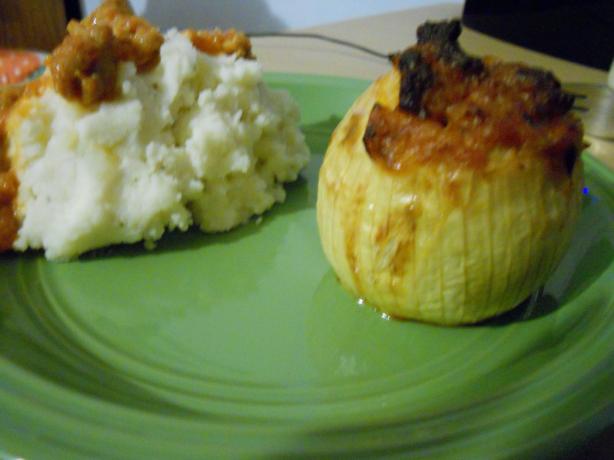 Spicy Sausage Stuffed Onions. Photo by Veggie Girl Kacey