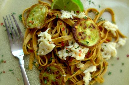 Crab and Zucchini Linguine. Photo by Andi of Longmeadow Farm