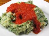 Baked Spanish Spinach Balls in Roasted Bell Pepper Sauce (Albond