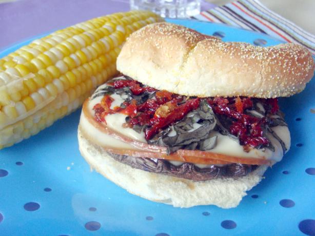 Smoky Portabella Burger With Sun-Dried Tomatoes and Basil. Photo by Lori Mama