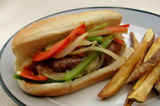 Dom's Sausages With Peppers and Onions. Photo by lazyme