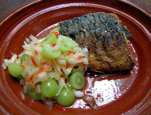 Spring Mackerel With Sour Grapes and Saffron Salsa. Photo by Rinshinomori