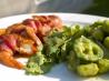 Bacon-Wrapped Shrimp With Chunky Tomatillo Salsa and Tomato Vina. Recipe by LifeIsGood