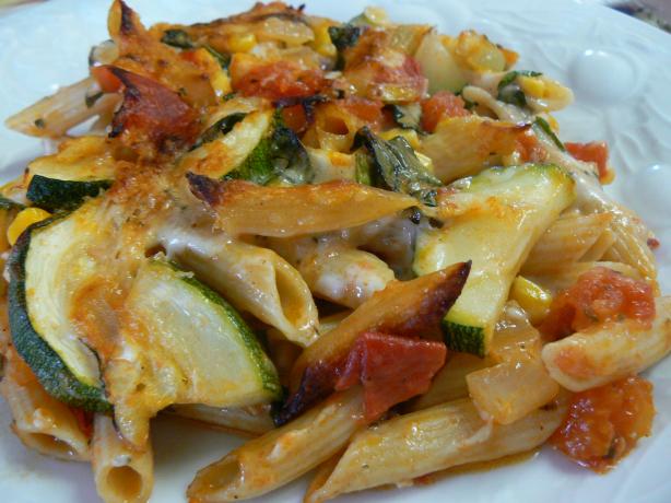 Baked Penne With Corn, Zucchini and Basil. Photo by Scott Binder