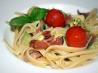 Fettuccine With Cherry Tomatoes, Avocado and Bacon. Recipe by Katanashrp